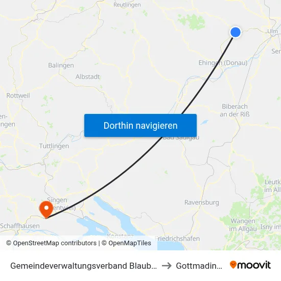 Gemeindeverwaltungsverband Blaubeuren to Gottmadingen map