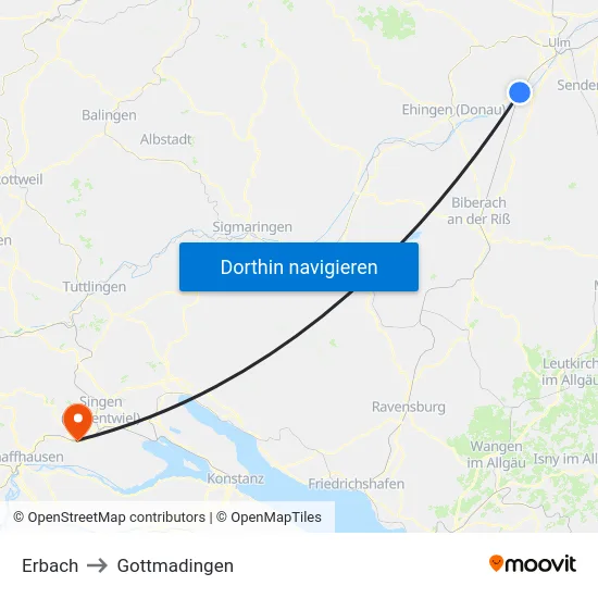 Erbach to Gottmadingen map