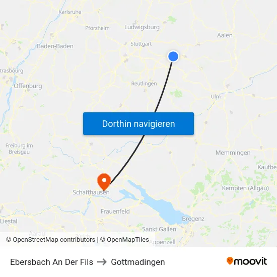 Ebersbach An Der Fils to Gottmadingen map