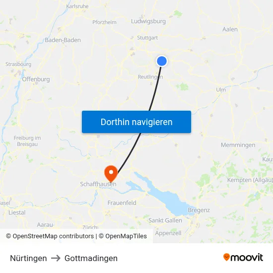 Nürtingen to Gottmadingen map