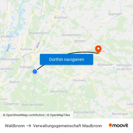 Waldbronn to Verwaltungsgemeinschaft Maulbronn map
