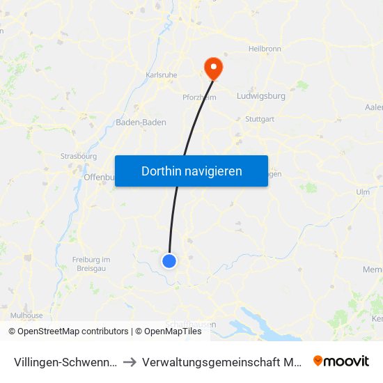 Villingen-Schwenningen to Verwaltungsgemeinschaft Maulbronn map