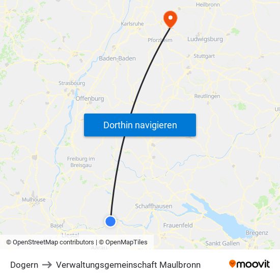 Dogern to Verwaltungsgemeinschaft Maulbronn map