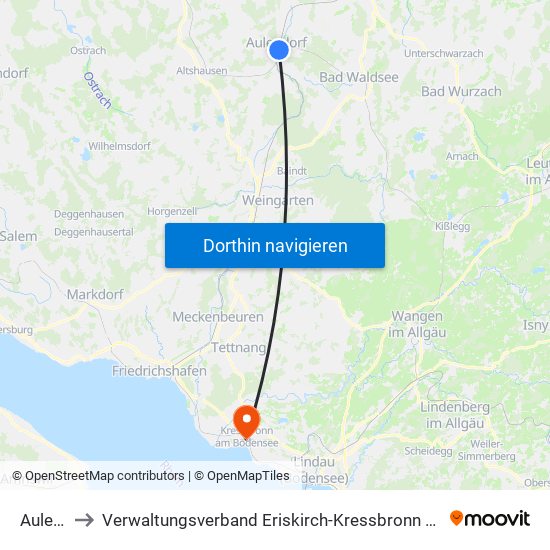 Aulendorf to Verwaltungsverband Eriskirch-Kressbronn am Bodensee-Langenargen map