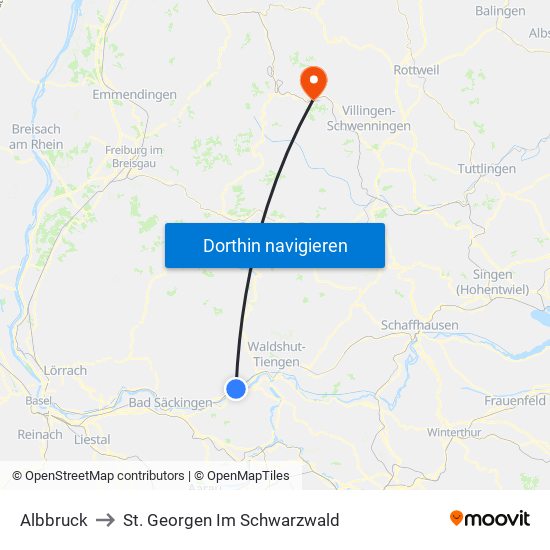 Albbruck to St. Georgen Im Schwarzwald map