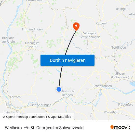 Weilheim to St. Georgen Im Schwarzwald map