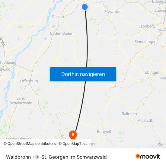Waldbronn to St. Georgen Im Schwarzwald map