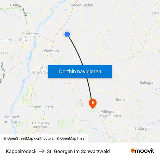 Kappelrodeck to St. Georgen Im Schwarzwald map