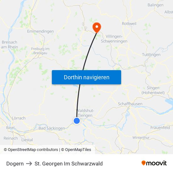 Dogern to St. Georgen Im Schwarzwald map