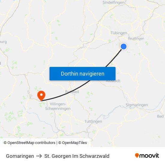 Gomaringen to St. Georgen Im Schwarzwald map