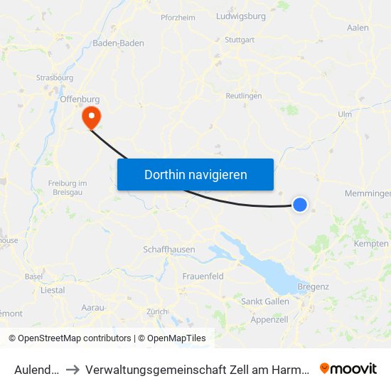 Aulendorf to Verwaltungsgemeinschaft Zell am Harmersbach map