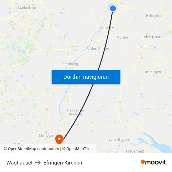 Waghäusel to Efringen-Kirchen map