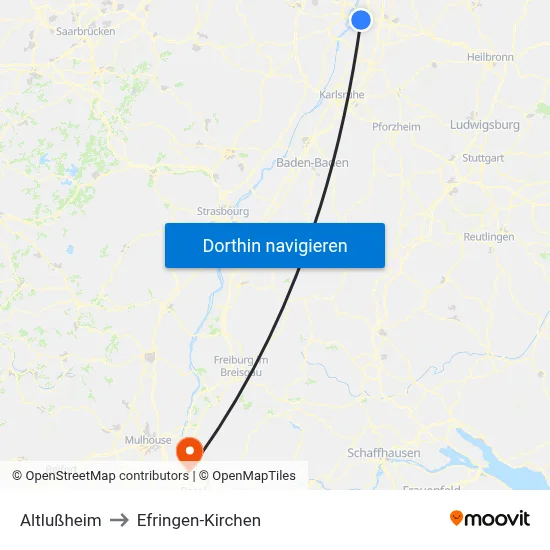 Altlußheim to Efringen-Kirchen map