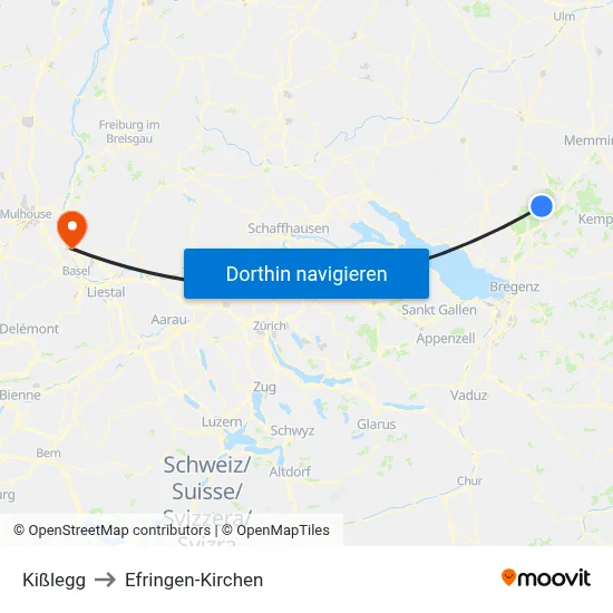 Kißlegg to Efringen-Kirchen map