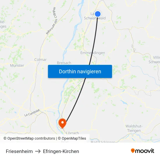 Friesenheim to Efringen-Kirchen map
