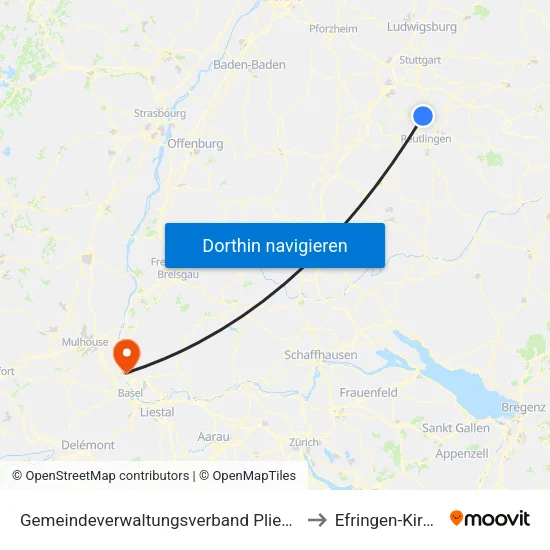 Gemeindeverwaltungsverband Pliezhausen to Efringen-Kirchen map