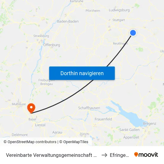 Vereinbarte Verwaltungsgemeinschaft Der Stadt Kirchheim Unter Teck to Efringen-Kirchen map