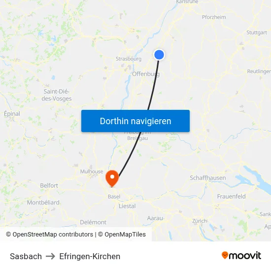 Sasbach to Efringen-Kirchen map
