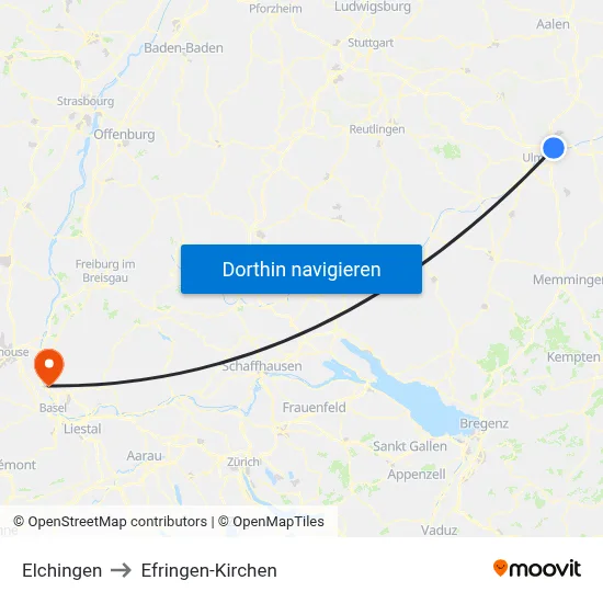 Elchingen to Efringen-Kirchen map