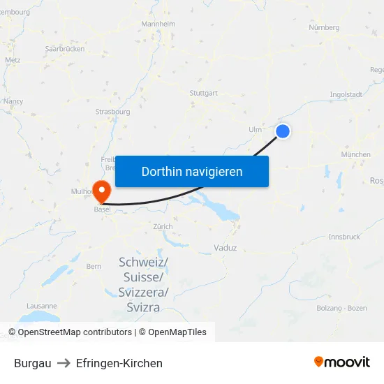 Burgau to Efringen-Kirchen map