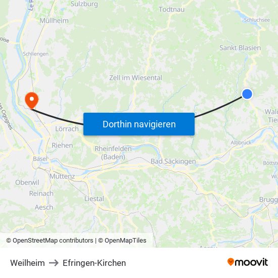 Weilheim to Efringen-Kirchen map
