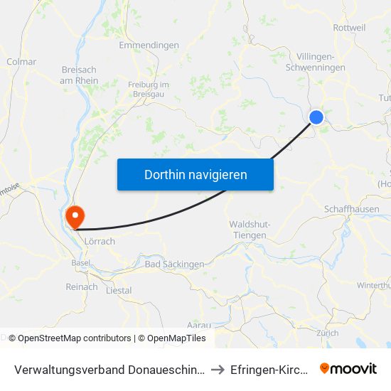 Verwaltungsverband Donaueschingen to Efringen-Kirchen map