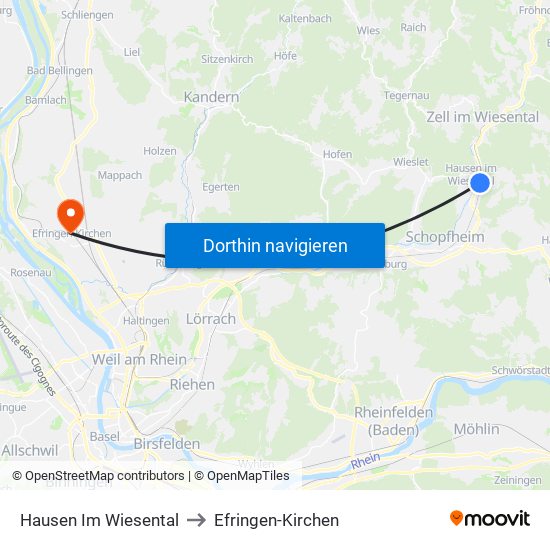 Hausen Im Wiesental to Efringen-Kirchen map