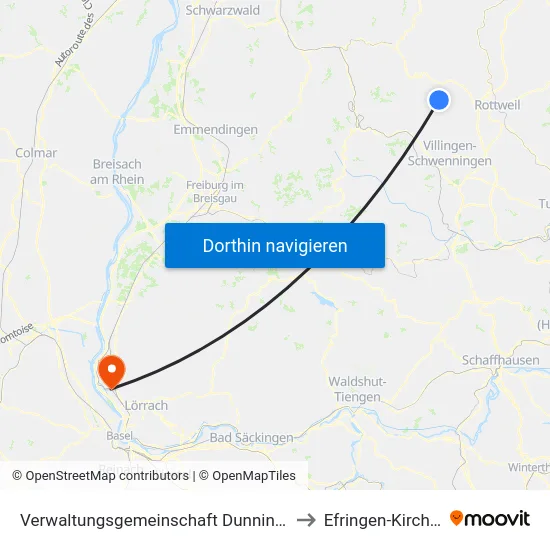 Verwaltungsgemeinschaft Dunningen to Efringen-Kirchen map