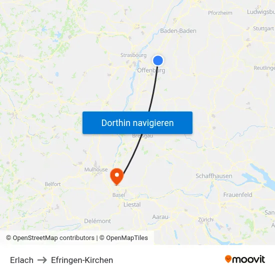 Erlach to Efringen-Kirchen map