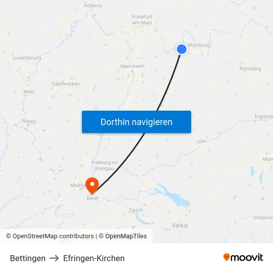 Bettingen to Efringen-Kirchen map