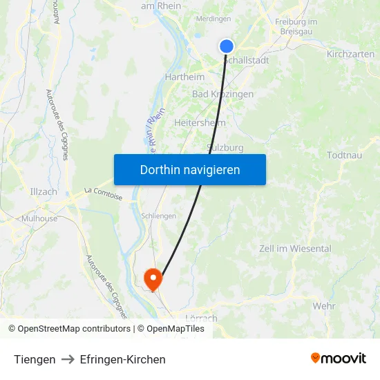 Tiengen to Efringen-Kirchen map