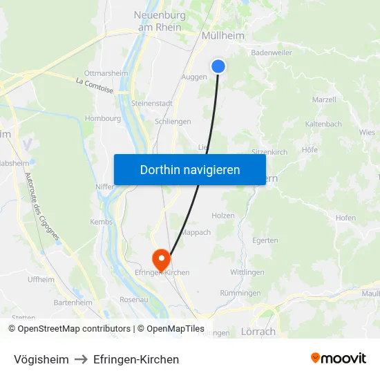 Vögisheim to Efringen-Kirchen map