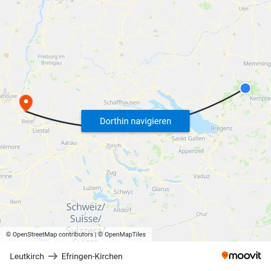 Leutkirch to Efringen-Kirchen map