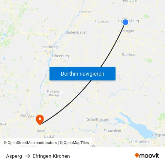 Asperg to Efringen-Kirchen map