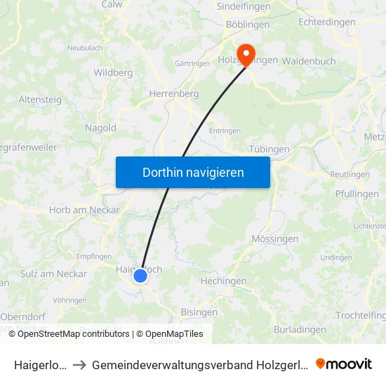 Haigerloch to Gemeindeverwaltungsverband Holzgerlingen map