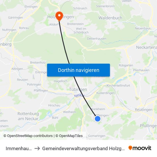 Immenhausen to Gemeindeverwaltungsverband Holzgerlingen map