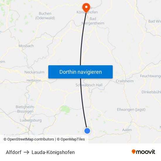 Alfdorf to Lauda-Königshofen map