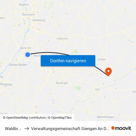 Waldbronn to Verwaltungsgemeinschaft Giengen An Der Brenz map