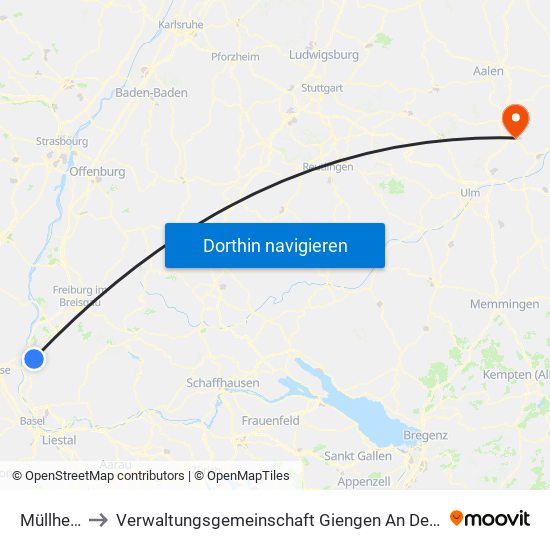 Müllheim to Verwaltungsgemeinschaft Giengen An Der Brenz map