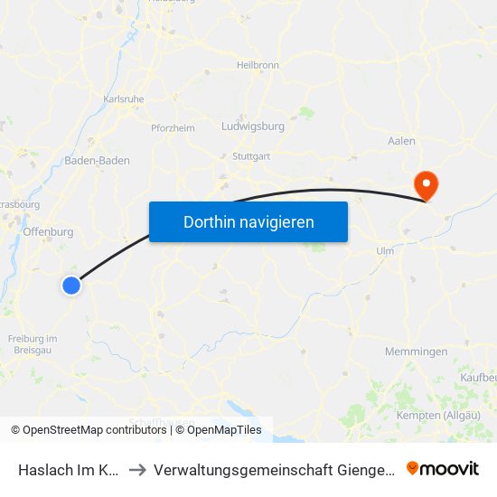 Haslach Im Kinzigtal to Verwaltungsgemeinschaft Giengen An Der Brenz map