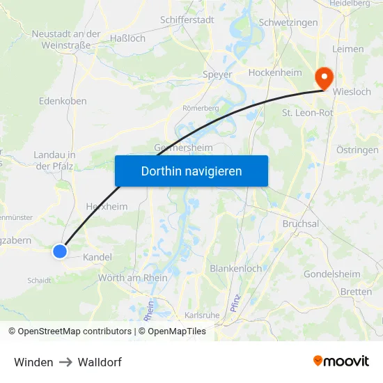 Winden to Walldorf map