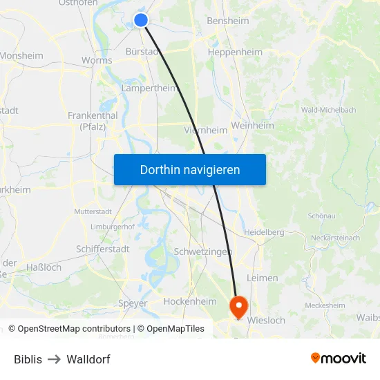 Biblis to Walldorf map