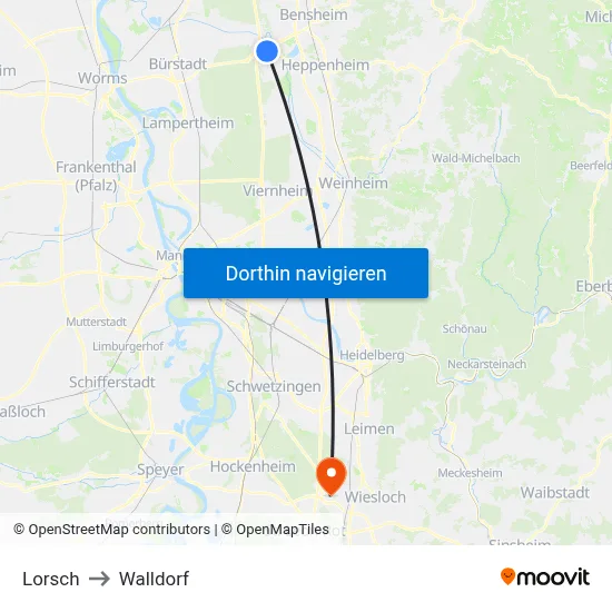 Lorsch to Walldorf map