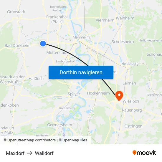 Maxdorf to Walldorf map