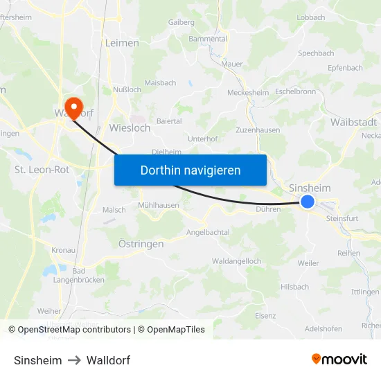 Sinsheim to Walldorf map