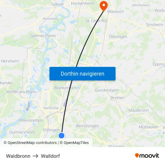 Waldbronn to Walldorf map