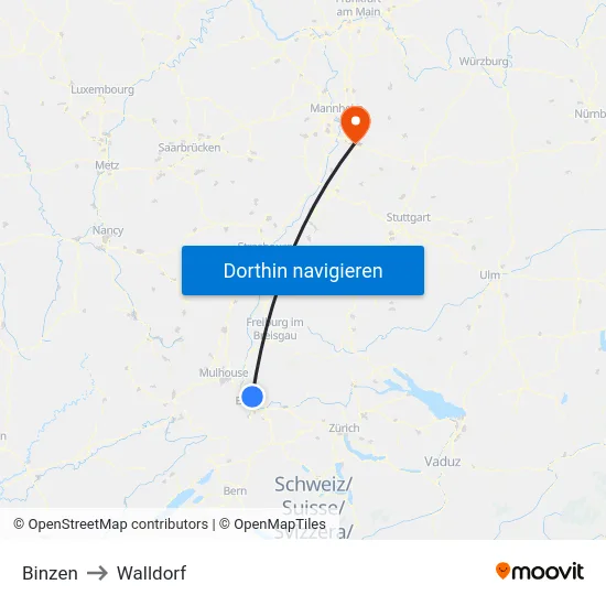 Binzen to Walldorf map