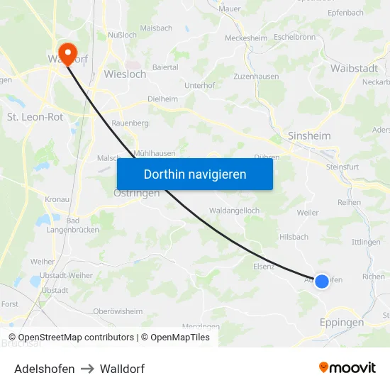 Adelshofen to Walldorf map