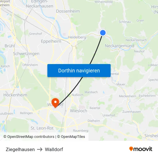 Ziegelhausen to Walldorf map