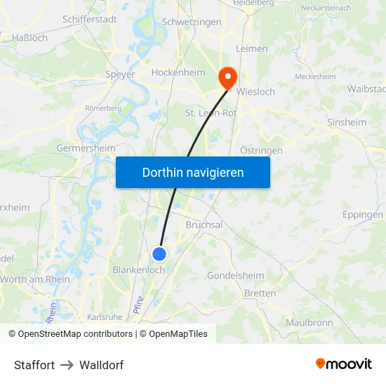 Staffort to Walldorf map